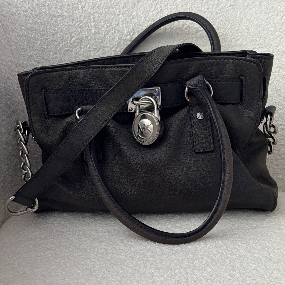 Michael Kors Black Leather Satchel with Silver Hardware and MK Padlock